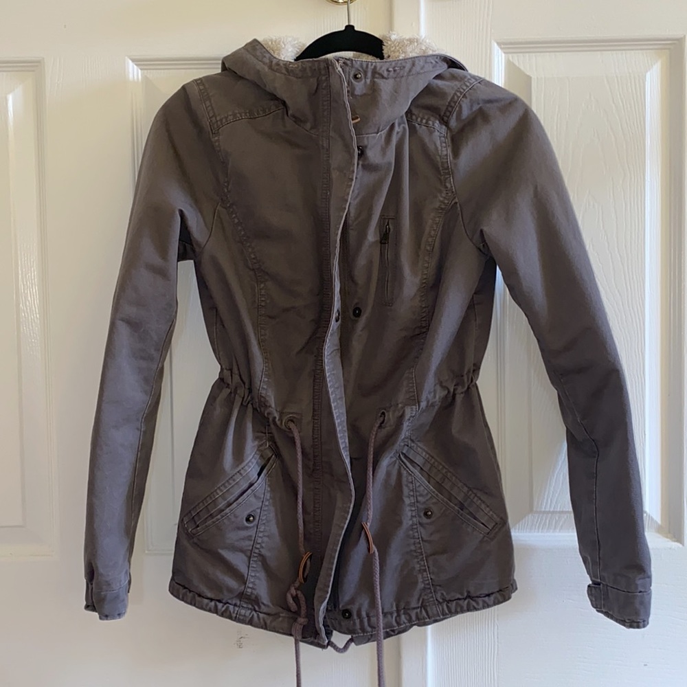 Grey Drawstring Utility Sherpa Jacket - Picture 2 of 7